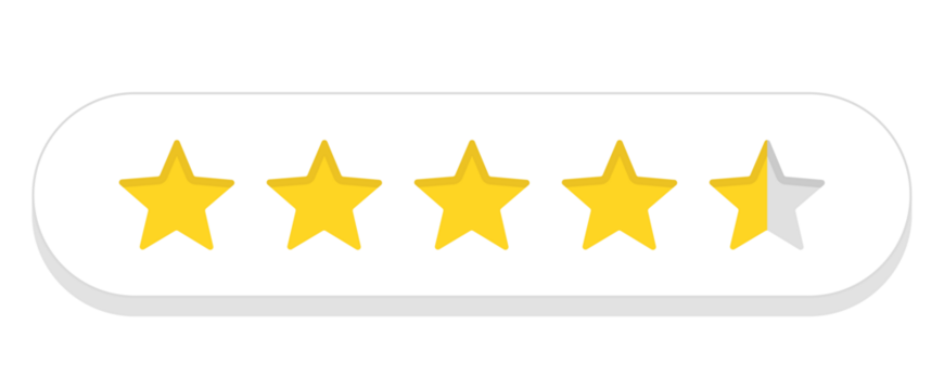 Four and a half star rating bar in rounded capsule style, high customer feedback review score, PNG with transparent background
