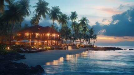 Obraz premium Beachfront house with warm lighting at sunset by the ocean