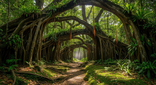 Ancient Banyan Tree Archway in a Lush Tropical Forest