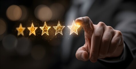 Businessman hand touching glowing golden five‑star rating, customer service satisfaction and quality experience feedback evaluation concept background