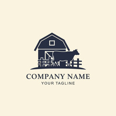 Fototapeta premium A dark blue silhouette of a barn and a cow standing behind a fence, set against a light beige background, with the text 