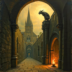 Grand Gothic Aisle with Mythical Guardian and Golden Light