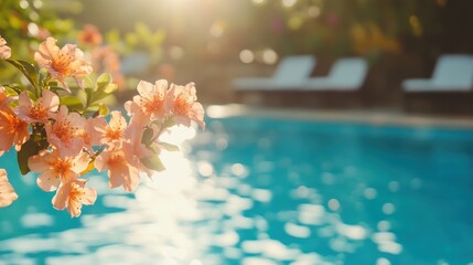 Beautiful flowers in front of a bright blue pool
