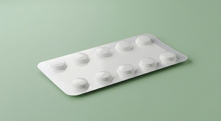 White Pills in Blister Pack on Green Background