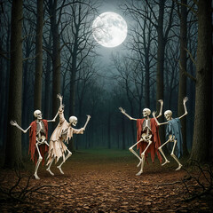 Skeletons Dancing a Spooky Rite Under a Full Moon