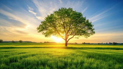 Fototapeta premium A lone tree silhouetted by the sunset in a green field