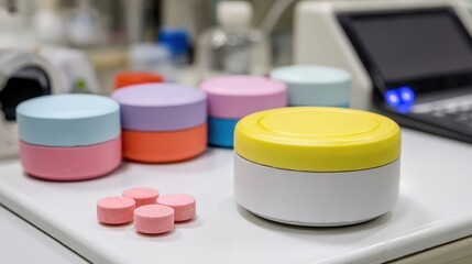 Close up of colorful tablets with various containers around them