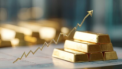 Close-up of gold bars with an ascending arrow representing financial growth and success