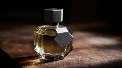 A luxury perfume bottle with geometric shape on wooden surface