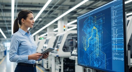 Professional engineer overseeing complex automated production line design in a modern factory, ensuring precision and efficiency with cutting edge technology