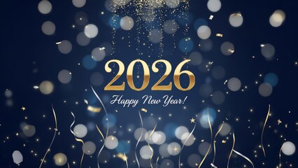 A festive Happy New Year 2026 greeting card. Gold and silver confetti and streamers fall on a dark blue background, creating a celebratory and elegant design.