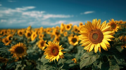 Fototapeta premium Endless field of vibrant yellow sunflowers under a clear blue sky in brilliant summer light