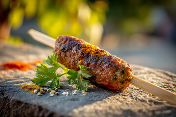 Grilled kebab skewer with fresh parsley and spices on a stone surface in warm sunlight.