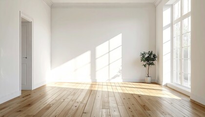 Sunlight Through Window Illuminating Empty White Room with Wooden Floor and Plant