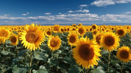 Obraz premium Beautiful field of blooming sunflowers under a clear blue sky in summer