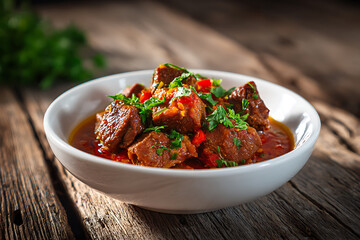 Delicious Beef Stew with Herbs and Red Pepper on Rustic Wooden Table