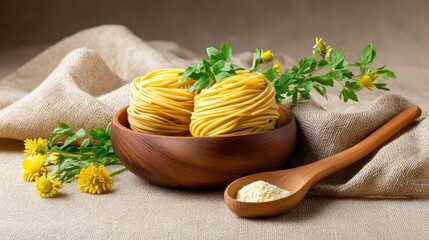 A bowl of uncooked pasta coils garnished with fresh herbs and yellow flowers, set on a textured fabric background.