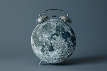 Surreal concept of alarm clock shaped like the moon on gray background, creative fusion of time and space representing cosmic imagination and artistic minimal design