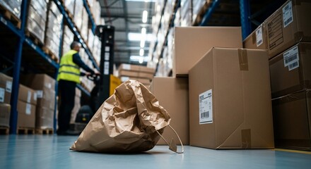 Efficient warehouse operations with careful worker using forklift amidst organized boxes, offering solutions for distribution and streamlined delivery services