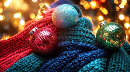 Close up of festive Christmas ornaments on a cozy winter sweater