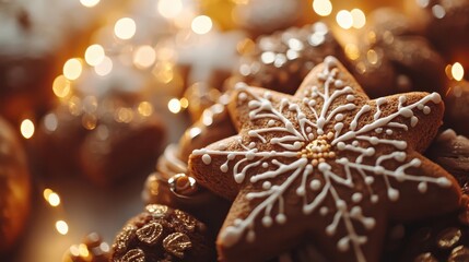 Close up of festive gingerbread cookies in holiday setting