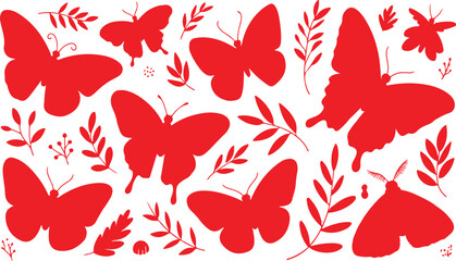Red butterflies and leaves on a white background