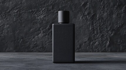 Black matte perfume bottle against a textured stone backdrop