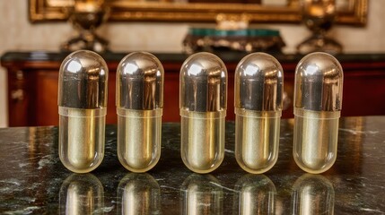 Close Up of Gelatin Capsules Filled with Golden Powder