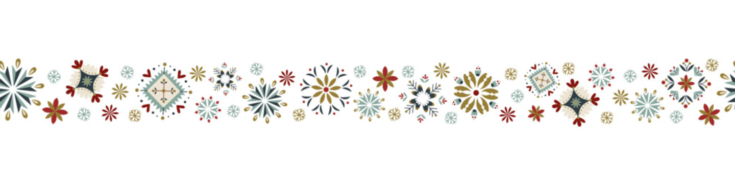 Fototapeta Decorative folk border made of stylized snowflakes, floral motifs, nordic ornaments in festive colors Elegant Scandinavian Christmas design for cards, wrapping, seasonal projects Winter vector pattern