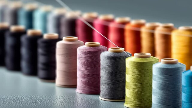 Colorful spools of thread arranged in a row, showcasing a seamless transition as a needle threads through, highlighting the intricate process of sewing and the vibrant spectrum of colors in motion