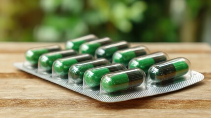 Close up of green and black capsule pills in blister pack