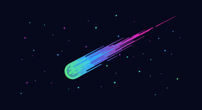 A colorful comet streaks across a dark starspeckled space background