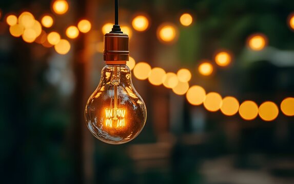 Edison bulb glowing with warm light and blurry string lights backdrop.