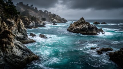 Coastal landscape showcases rugged cliffs meeting the dynamic ocean under a dramatic, overcast sky, creating a scene of natural power and serenity.