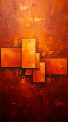 A modern, abstract oil painting with a heavy impasto texture. The geometric composition of rectangles features a warm, orange and brown palette, perfect for autumn decor.