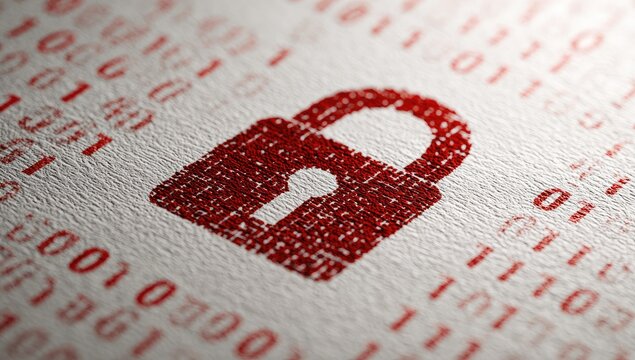 Red padlock graphic overlaying binary code pattern, illustrating protection and data encryption