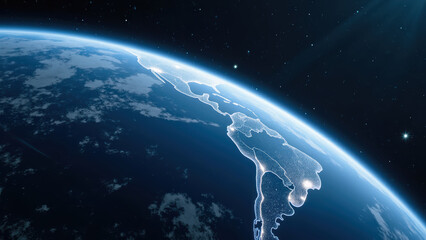 Obraz premium Stunning view of Earth from space, showcasing illuminated outline of South America against dark starry background