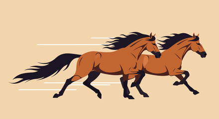 Obraz premium Two brown horses with black manes run sidebyside with lines to indicate speed