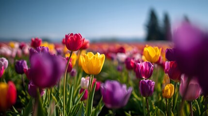 Vibrant, colorful tulips of various hues bloom under a bright, clear sky, creating a captivating landscape.