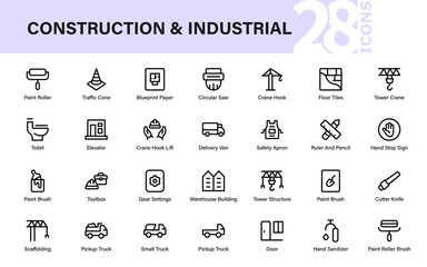 Modern construction and industrial essentials icon set featuring scaffolding, trucks, cranes, tools, safety equipment, warehouse, and renovation symbols.