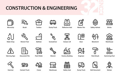 Professional construction and engineering icon set featuring safety helmet, tools, vehicles, warehouse, factory, worker, documents, and industrial equipment.