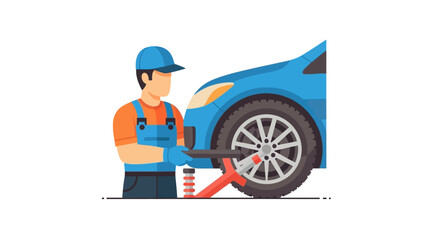 Illustration of a mechanic working on a car tire with a jack in a repair shop providing automobile