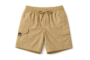 Khaki-colored cargo shorts with drawstring isolated on transparent background.