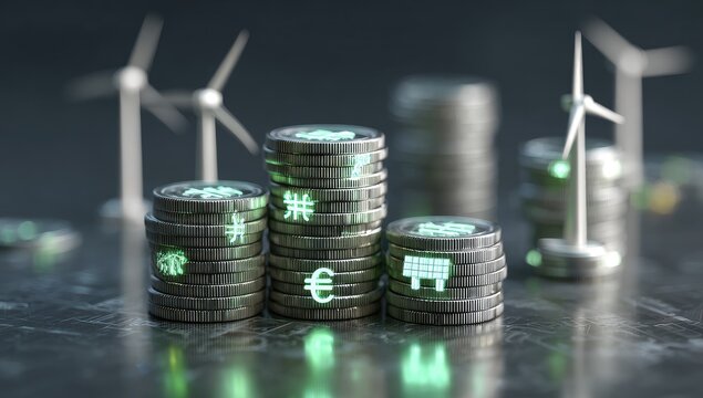 Stacked coins with various currency symbols glow, set against blurred wind turbines
