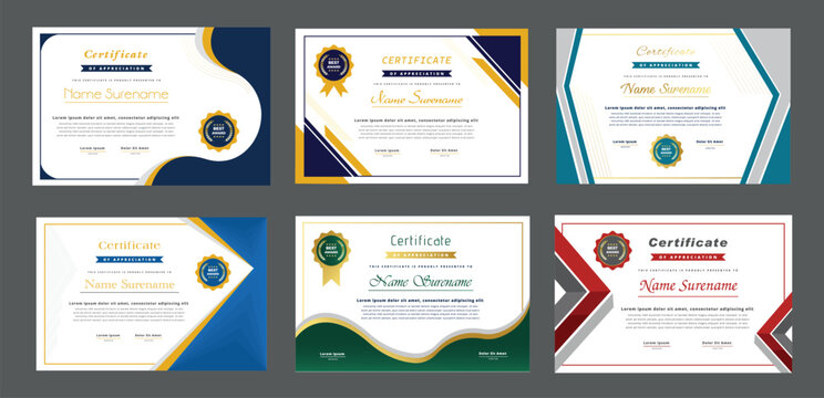 Collection of Six Elegant Certificate of Appreciation Designs with Varied Color Schemes
