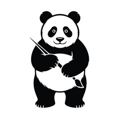 Naklejka premium Adorable panda bear artist silhouette holding paintbrushes and palette ready for creative painting silhouette