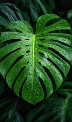 Obraz premium A vibrant green leaf with a long stem holds fresh water droplets, reflecting light. Surrounded by lush foliage, it captures the essence of nature after a rain.