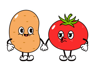 Happy potato and sad tomato holding hands