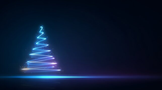 Neon glowing Christmas tree outline on dark background with colorful lights and sparkles, modern digital holiday greeting and festive celebration design