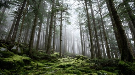 Fototapeta premium Lush green moss blankets the forest floor as tall, slender evergreen trees reach towards the sky, their trunks disappearing into a misty, atmospheric backdrop creating a serene environment.